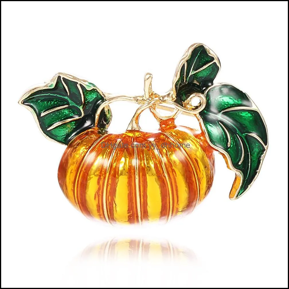 halloween pumpkin brooches for women plant yellow pumpkins shirt clothes bag enamel pins green leaf badge costume jewelry