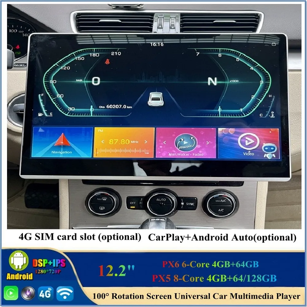 2 DINユニバーサル12.2 "PX6アンドロイド12カーDVDプレーヤーIPS 100°回転可能スクリーンステレオラジオGPS Bluetooth 5.0 WiFi CarPlay Android Auto
