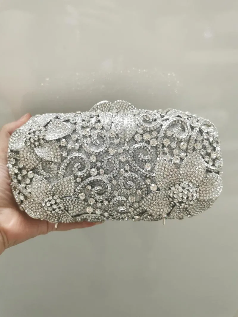 Evening Bags Silver Diamond Flower Woman Wedding Bridal Dinner Purse Banquet Party Ladies Clutches Wallets Female Floral Prom Handbag