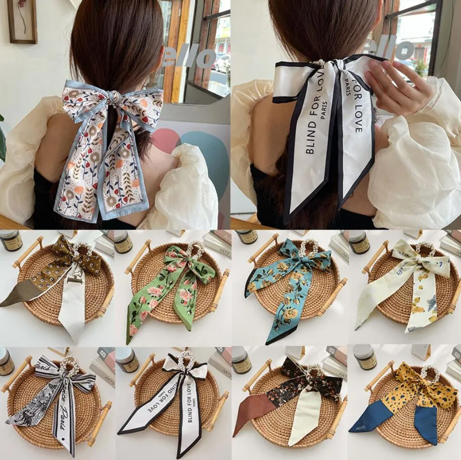 Fashion Korea Long Ribbon Pearls Hair Bands Headbands Bow Hair Scrunchies For Women Girls Summer Floral Print Pontail Ties Hairs Accessories