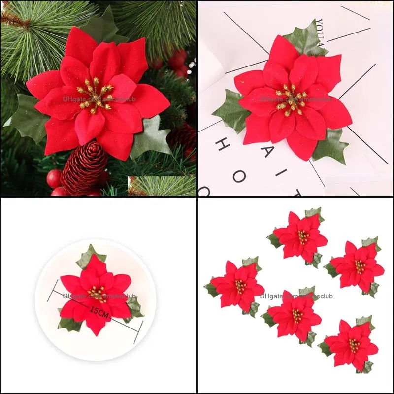 Decorative Flowers & Wreaths 5 Pcs 15x15cm Christmas Simulation Red Flower Wreath Garland Decoration Props Home Party Gathering Bar