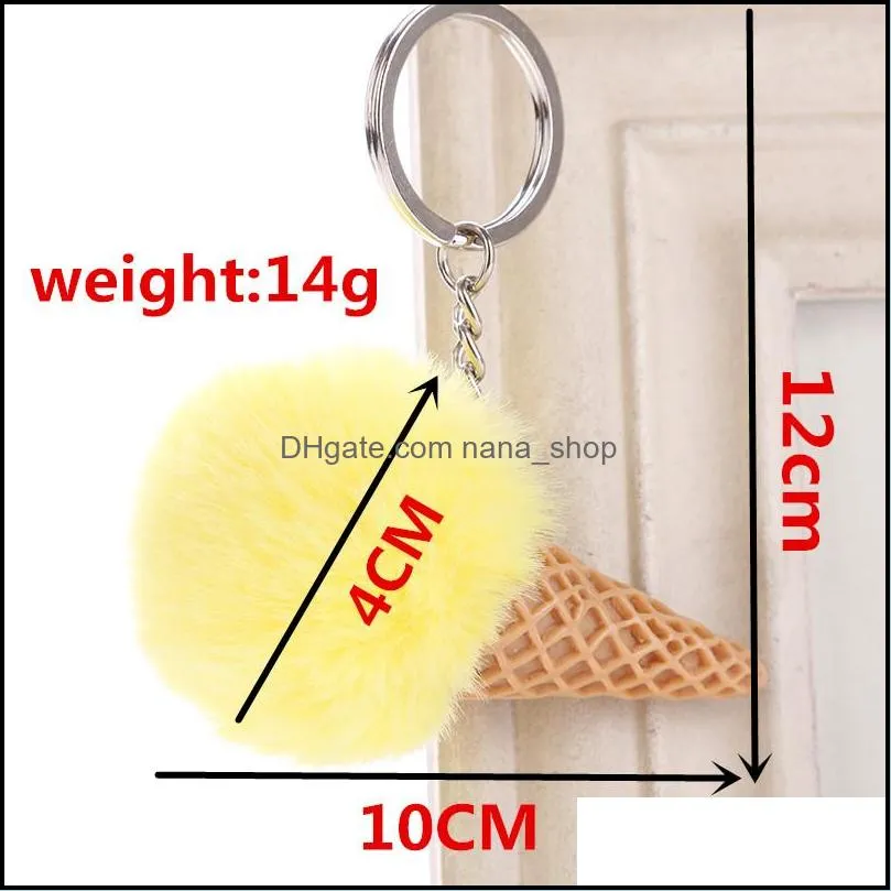 Ice Cream Keychain Soft Artificial Rex Rabbit Hair Ball Keyring Furry Pom Acrylic Key Ring Women Shoulder Bag Car Pendant Gift