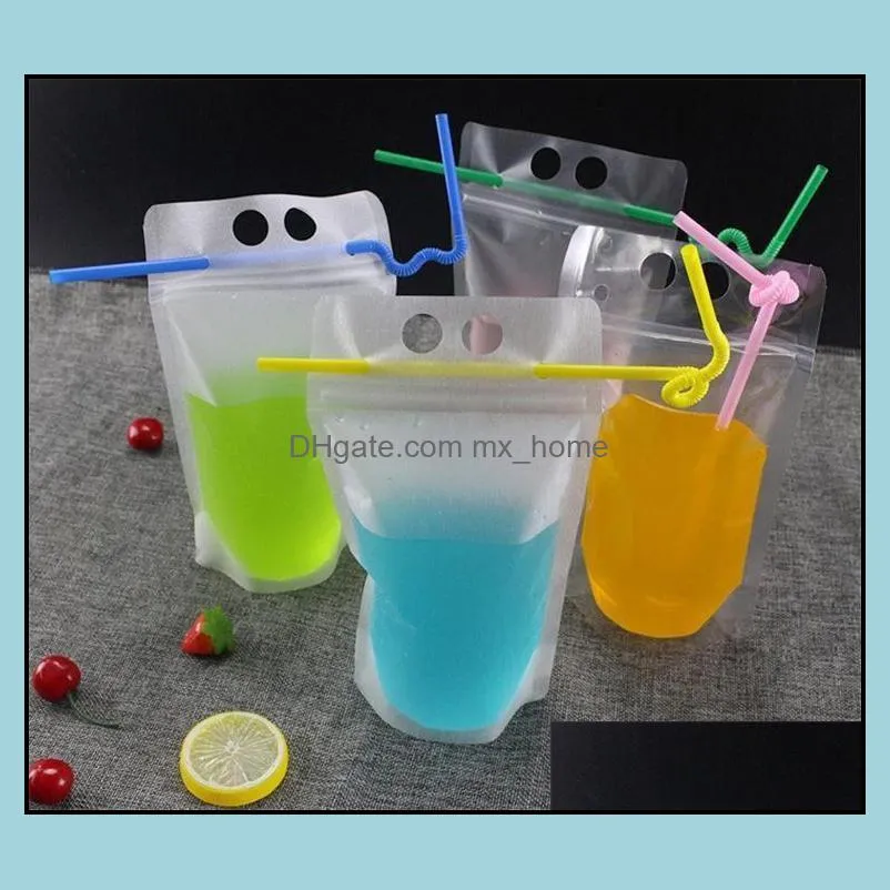 Self-sealed Transparent Plastic Shing! Straw Milk For 500ml Style Drink Juice For Handle Dhl Beverage Packaging Pouch And 4 Holes