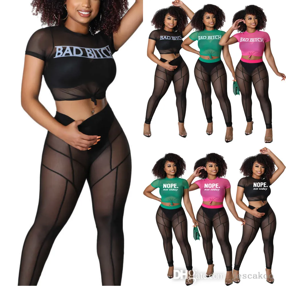 2022 Sexig stretch Gaze Letter Printed Suit for Women Mesh Sheer Yoga Pants Set Casual Two Piece Outfits Womens Clothing