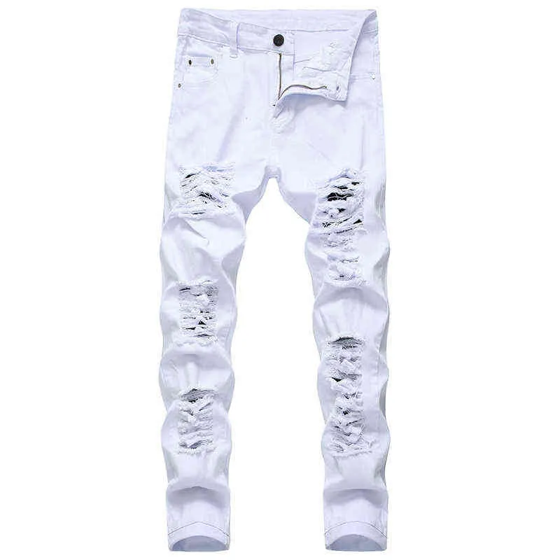 Mens Straight Hole Ripped Jeans Distressed Denim Trousers Men Jeans Fashion Casual Designer Brand White Black Red Cotton Pants