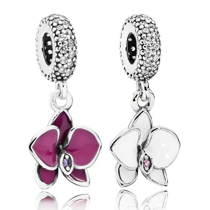 Charms 100% Real 925 Sterling Silver Purple and White Orchid Dangle Fit Original Brand Bracelet Diy JewelryCharms