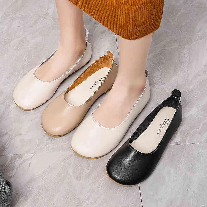 Dress Shoes Women Casual Slip on Ballet Flats Fashion Leather Loafers 2022 Summer Autumn Nursing Comfort Round Toe Black White 220518