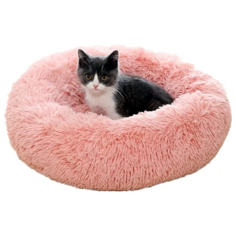 Rundes Katzenbett Langes Plüsch-Hundehüttenhaus Superweiche Baumwollmatte Sofa für Chihuahua-Tiere Haustier LJ201028