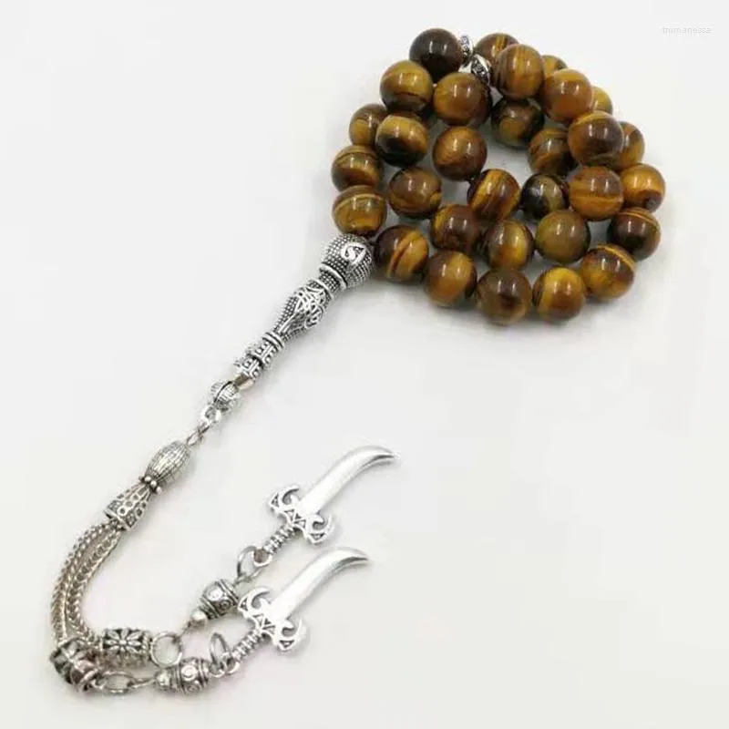 Brins de perles Musulman 2022style Yeux de tigre naturel Tasbih avec des glands de couteau en métal Perles de prière islamique 33 66 99 Bracelet en pierre spéciale Trum