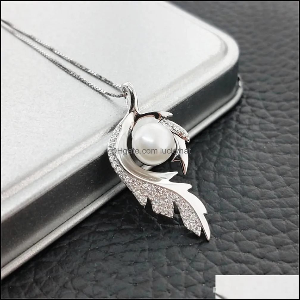 exquisite feather s925 sterling silver women`s wedding pendant necklace settings mounting semi mount diy pearls jewelry for women