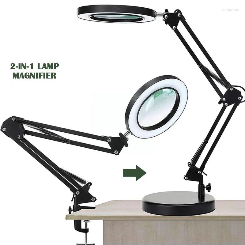 Lampes de table Lampe loupe en métal 2.25x Verre Flexible Led Illuminé Couleur 3 Bras de lumière de bureau Swing Dimmable Clamp-on T5p0Table