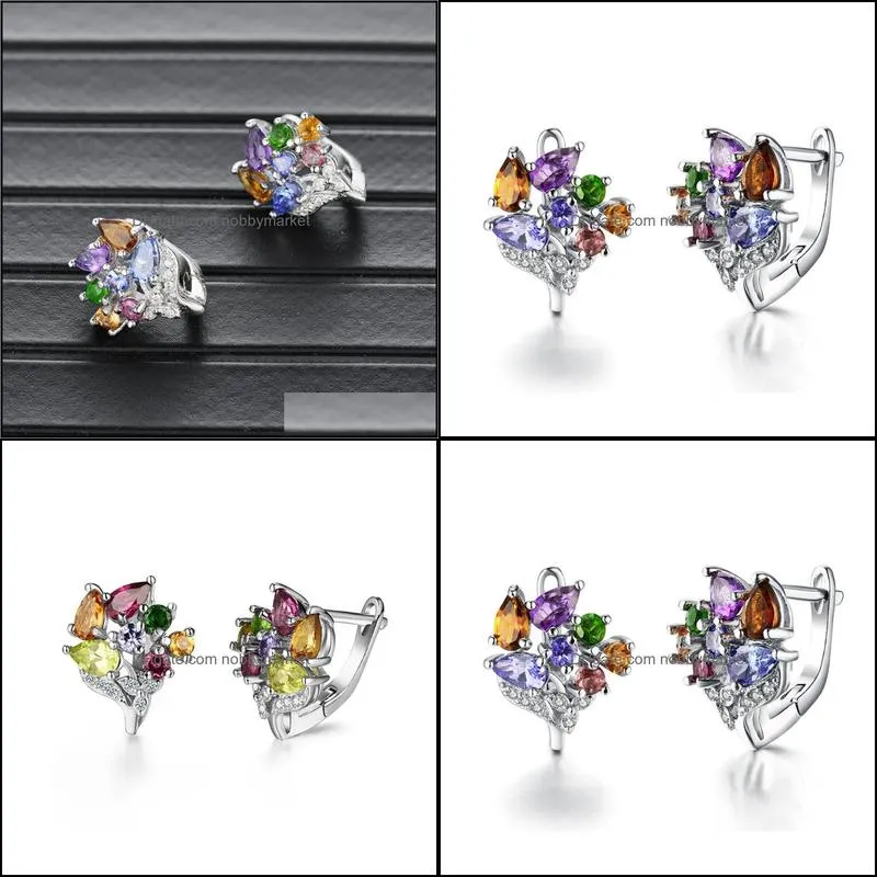 Stud 100% Natural Tourmaline Clasp Earrings 925 Sterling Silver Multi Color Gemstone Floral Luxury Jewelry For Women Christmas