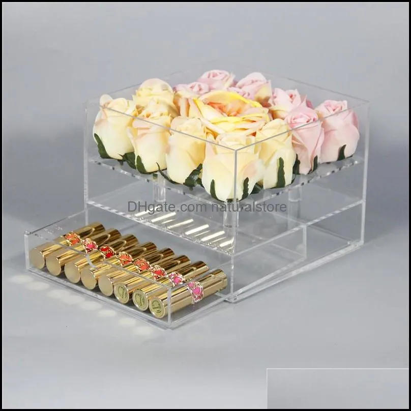 New Clear Acrylic Rose Flower Box With Drawer Makeup Organizer Valentine`s Day Wedding Gift Flower Drawer Box With Cover Wholesale