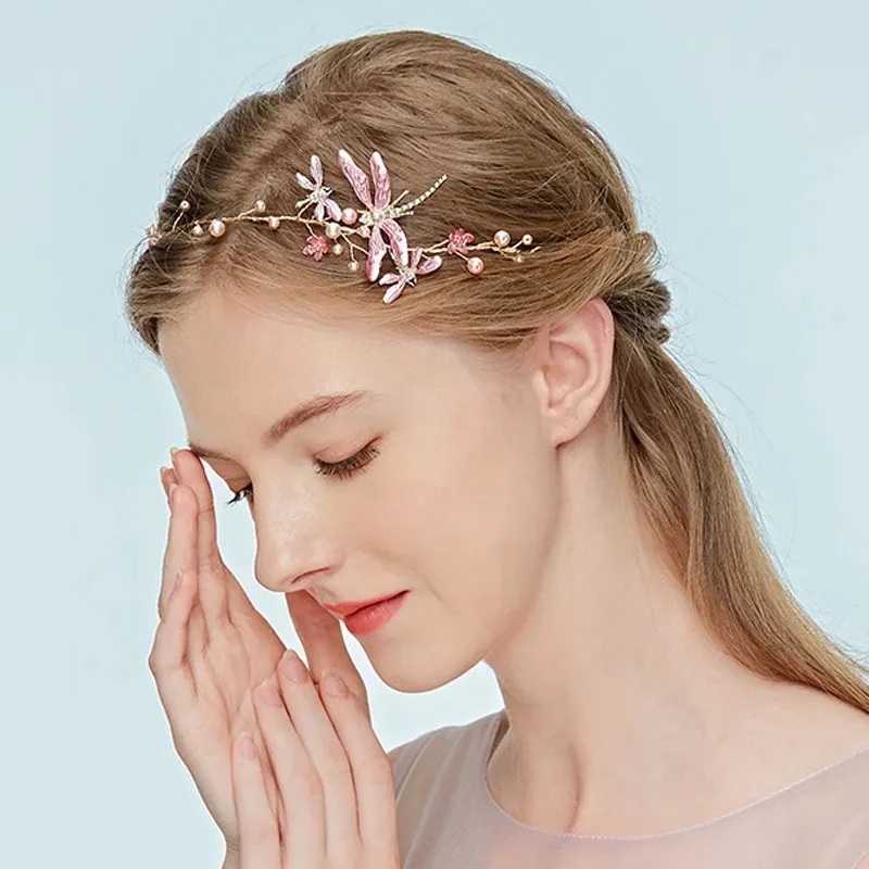 handgemachter rosa Libellen Kopfschmuck Perlen Hochzeit Stirnband Boho Braut Haarschmuck für Frauen Haarband