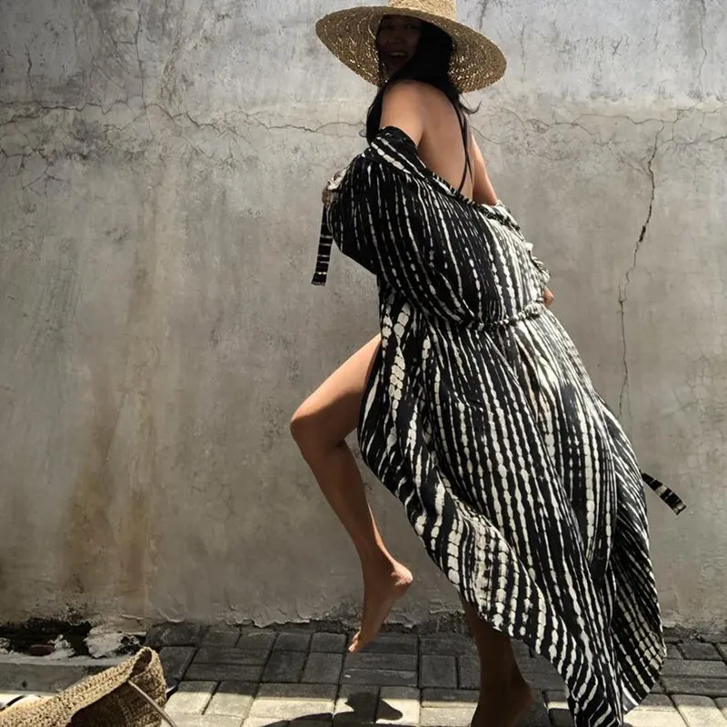 Boho Striped Chiffon Kimono Beach dress for women for women - Plus Size Beachwear Cover Up