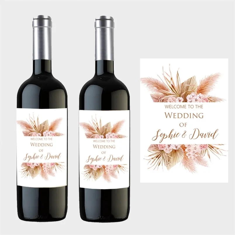 Pampas Grass Design Wine Bottle Wraps Sticker Customize Labels Any Text Occasion Personalise Baptism Birthday Baby Shower Decor 220613