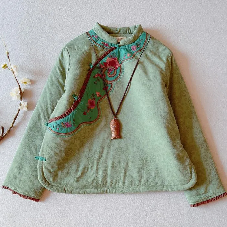 Kadın Trençkotları Bayanlar Parkas Çin Giyim 2022 Kış Düğmesi Nakış Pamuk Keten Pamuklu Kalın Vintage Moda Sıcak Ceket