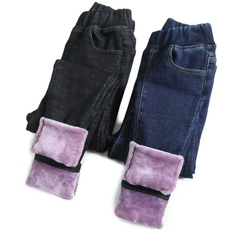 Vinter varma jeans för kvinnor elastiska höga midja denim byxor kvinnliga byxor förtjockade svarta kvinnors kvinna plus storlek 210608