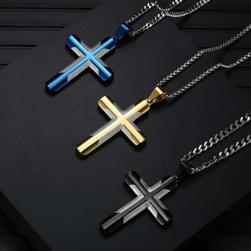 Pendant Necklaces EyeYoYo Christian Jesus Titanium Cross Pendants Men Stainless Steel Gold Blue Black Color Prayer Choker JewelryPendant