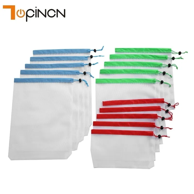 15pcs 3 Sizes Reusable Mesh Produce Bag Washable Mesh Bags for Grocery Bag Holder Pouch Fruit Vegetable Kitchen Organizer Y200714