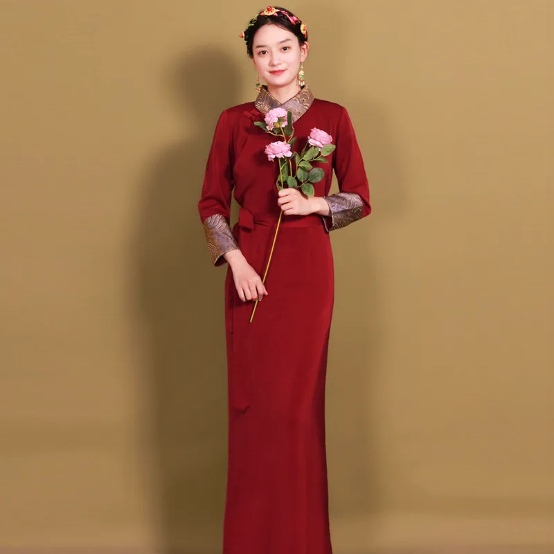 Ethnic Clothing WomenTibetan Dress Long Sleeve Cheongsam Style Summer Elegant Robe Oriental traditional Gown