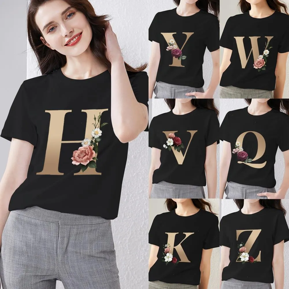 Summer Womens T-shirt 26 English Alphabet Printing Series Short-sleeved Casual Ladies O-neck Personality Soft