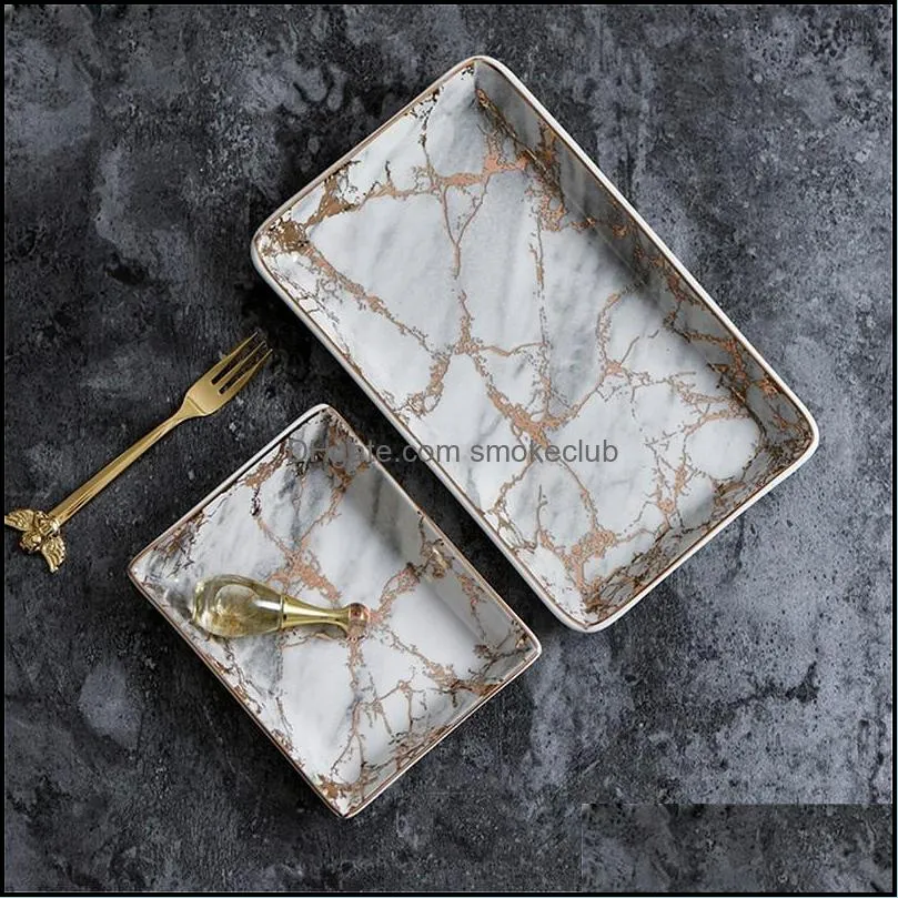 Kitchen Storage & Organization European Marble Trays Ceramic Jewelry Tray Dinner Gold Inlay Porcelain Dessert Plate Steak Fruit Snack