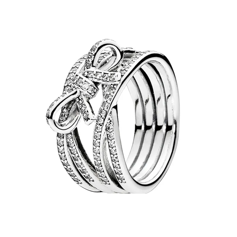 Sparkling Ribbon and Bow Ring Authentic 925 Sterling Silver Women Girls Wedding designer Rings Original box set for pandora RING