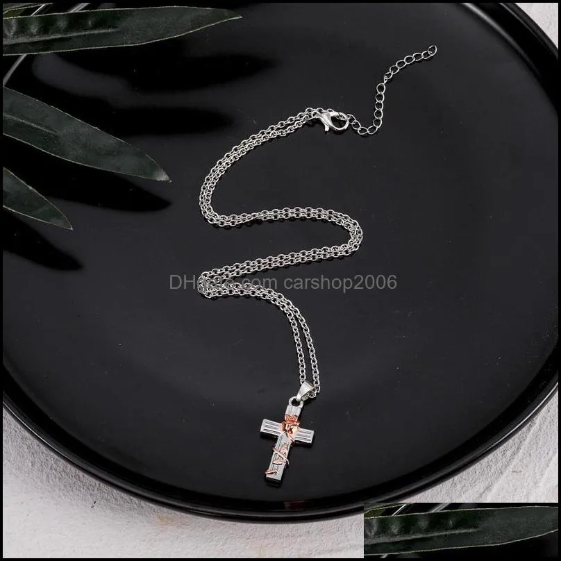 pendant necklaces plant cross chain necklace leaves rose classic retro natural flower jewelry gift for women