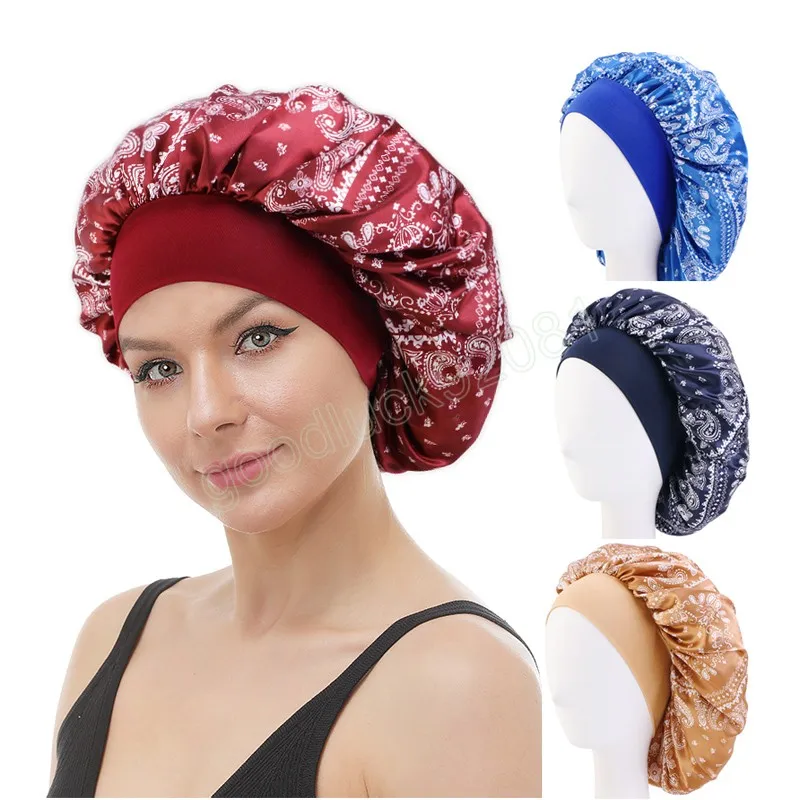 Soft Satin Bonnet For Women Chemo Cap Paisely Pattern Night Sleep Silky Hat Wide Elastic Band Hair Care Head Cover Wholesale