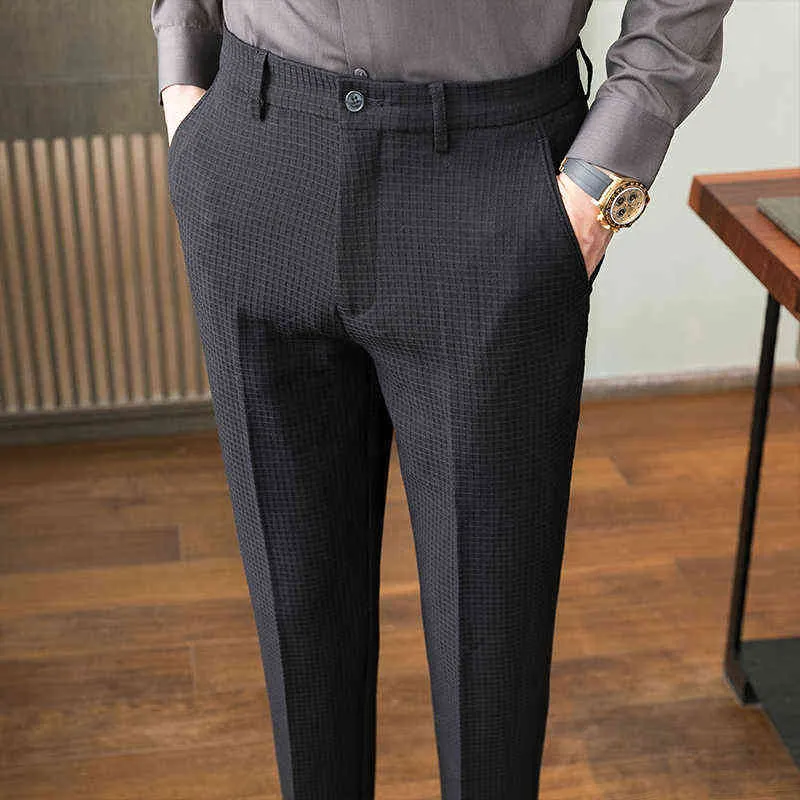 2022 Новое высококачественное модное мужское официальное деловое костюм брюки брюки жених Свадебное платье мужское плед стройное костюм L220702