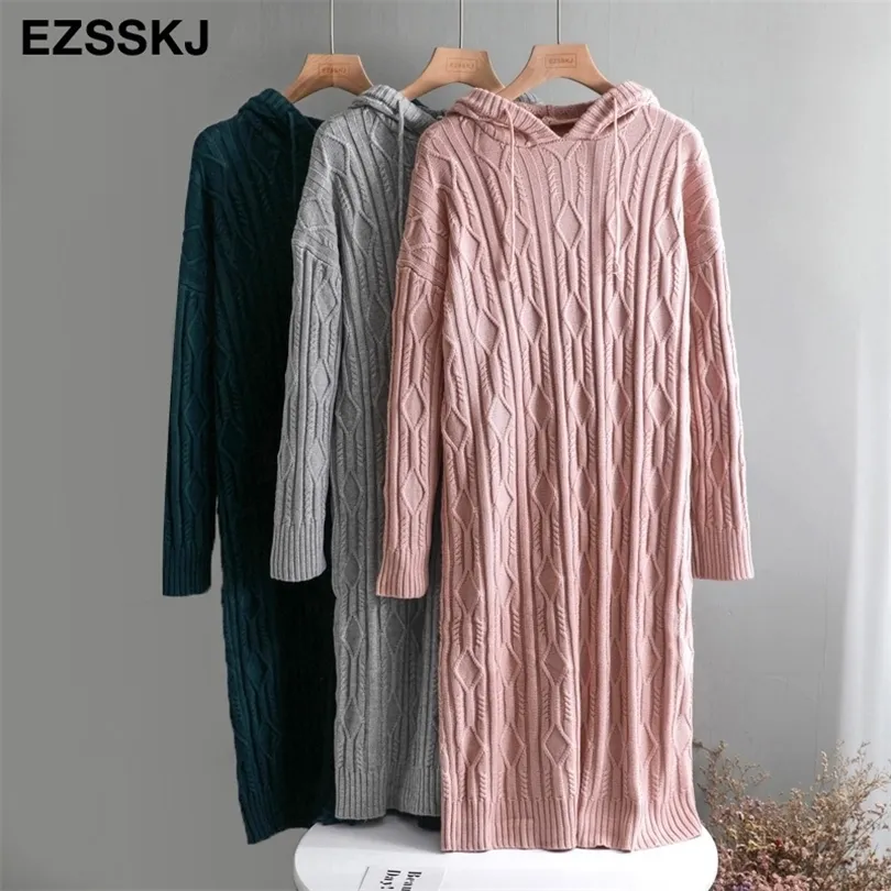 SUPER THICK needle oversize autumn winter Long sweater dress women chic hooded sweater dress female casual straight dress T200319