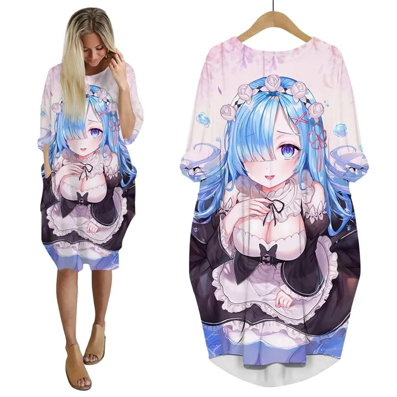 Anime ri noll kara hajimeru isekai seikatsu söt rem klänning 3d tryckt kvinnlig casual stil kvinnliga mode klänning w220616