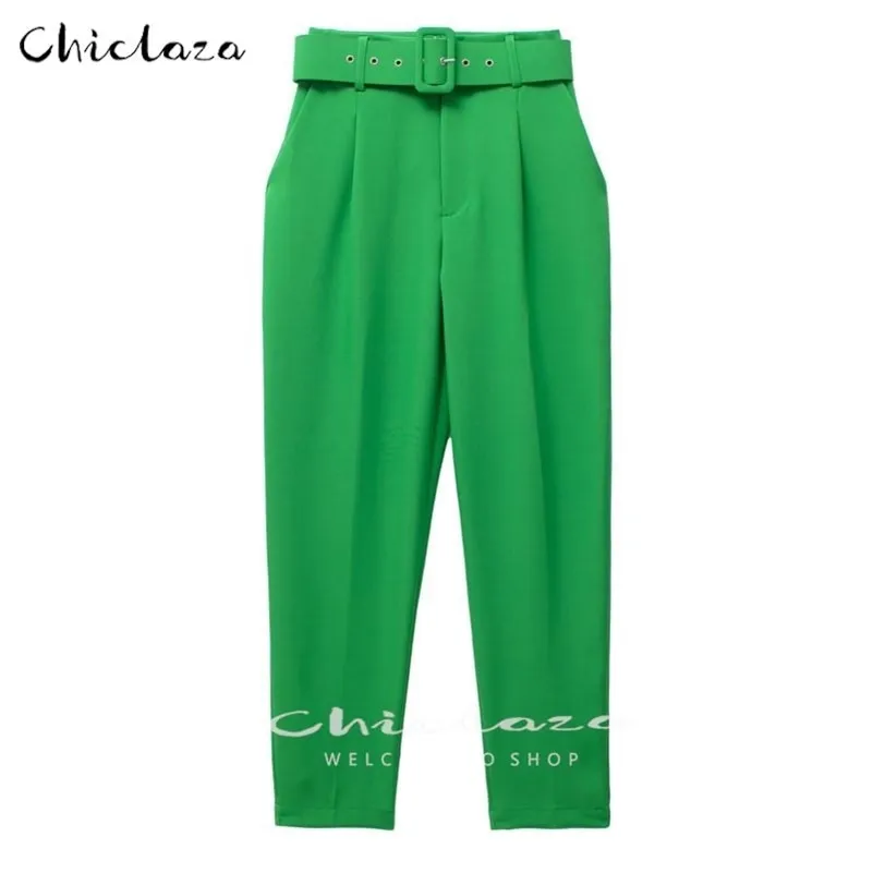 CHICLAZA femmes printemps automne noir blanc bureau taille haute pantalon dames décontracté solide avec ceinture vert sarouel femme 220726