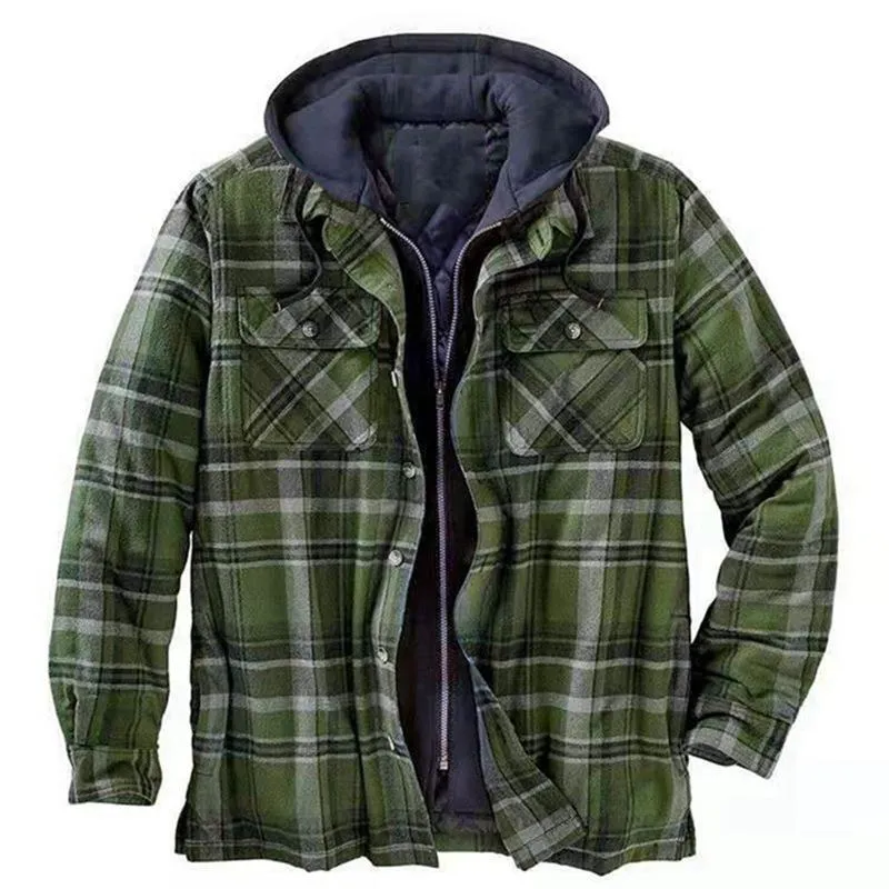 Men's Jackets Zip Up Hoodie Coat Men Fashion Plaid Long-sleeved Loose Hooded Jacket Shirt Autumn And Winter Thick Cotton CoatMen's