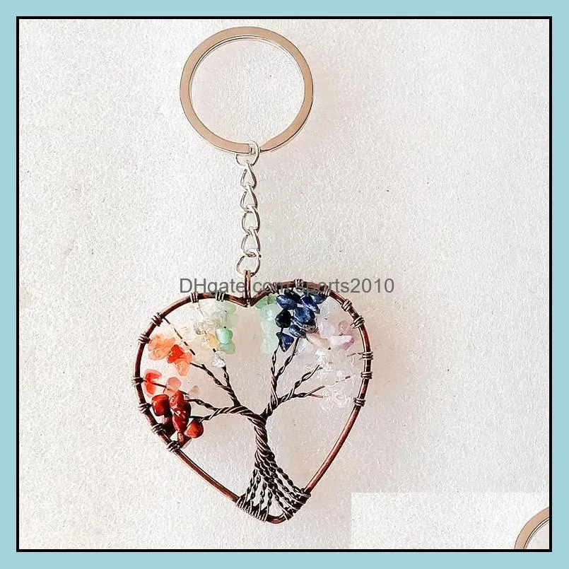 wire wrap tree of life reiki healing keyrings natural stone heart keychains chakra amethyst pink rose crystal key rings wom sports2010