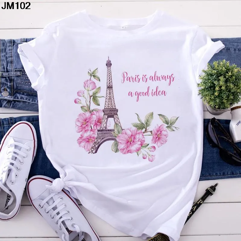 Moda Parigi Torre Eiffel Stampa Top T-shirt da donna T-shirt estiva sottile da donna Harajuku Casual manica corta bianca femminile