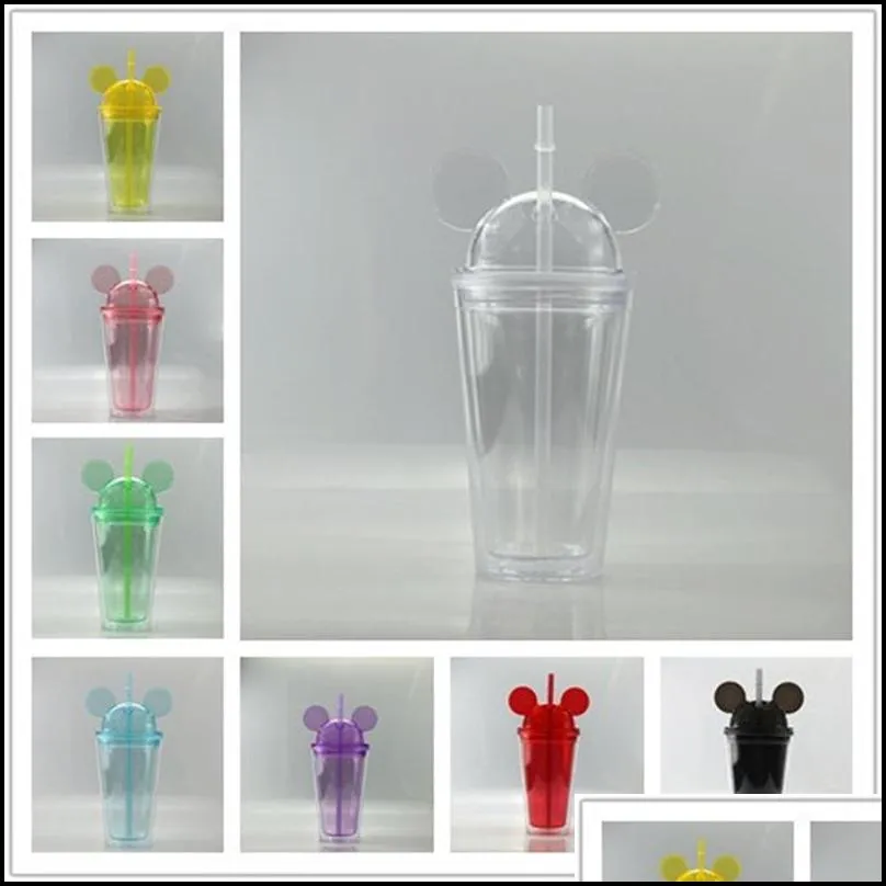hot sales 15oz Acrylic mug mouse acrylic mugs creative travel cup with straw carton clear plastic tumblers for kids free shipping