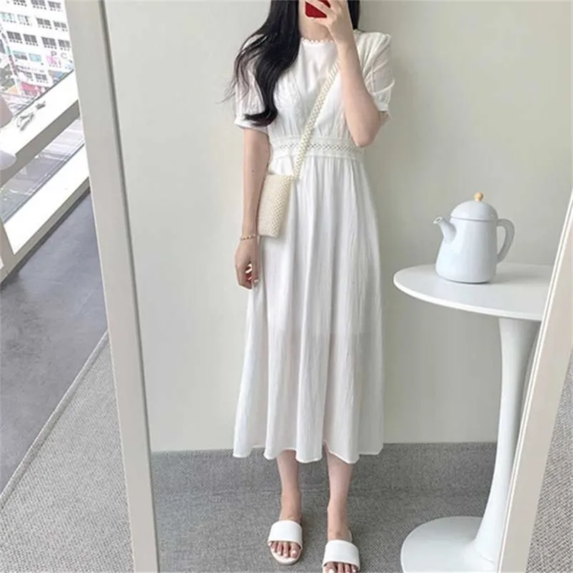 Summer Women Dress High midje Casual Fashionable Sweet Korean Style Quality Pleated Patchwork White Long 210529
