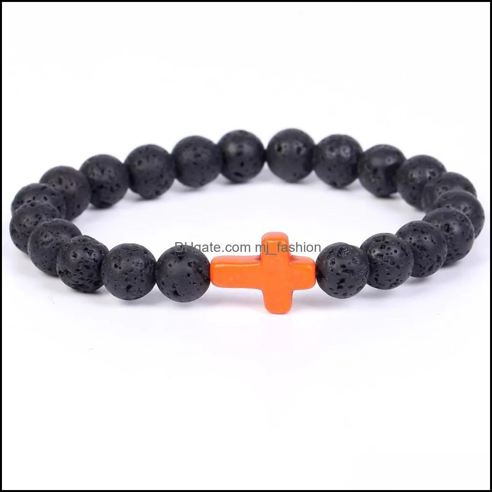 Trendy 8mm Black Lava stone turquoise Bead cross Strands bracelet Essential Oil Diffuser Volcanic Beads Bracelet For Women men Jewelry