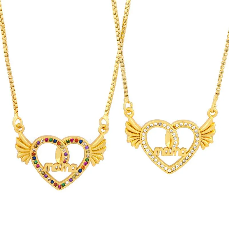 Pendant Necklaces Colorful Zircon Heart Hollow Letter MAMA Charm Jewelry For Women Angel Wing Necklace CZ Accessories Mothers Day GiftPendan