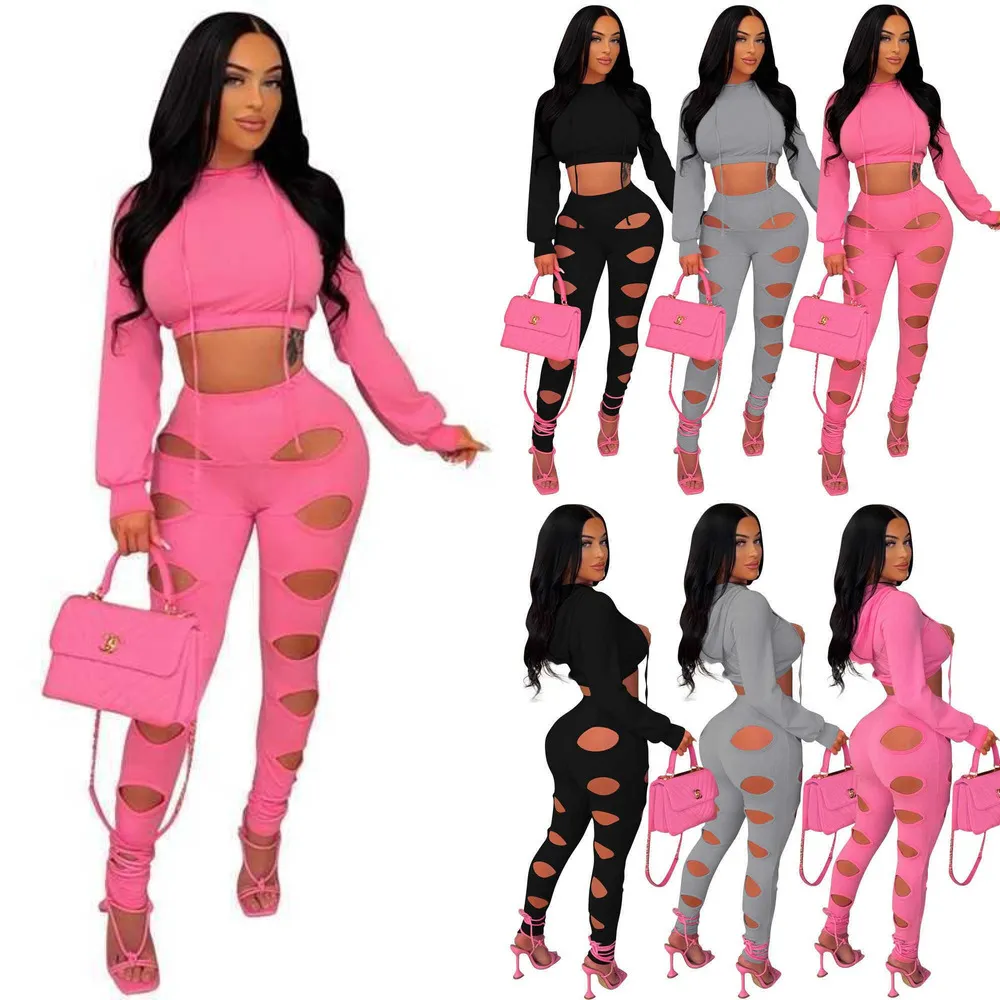 Tasarımcı pantolonları Hollow Out Womens Out Two Piece Vogue Trailtsuits Seksi Sweatpants ve Hoodie Set Jogger Takım Sonbahar İçin