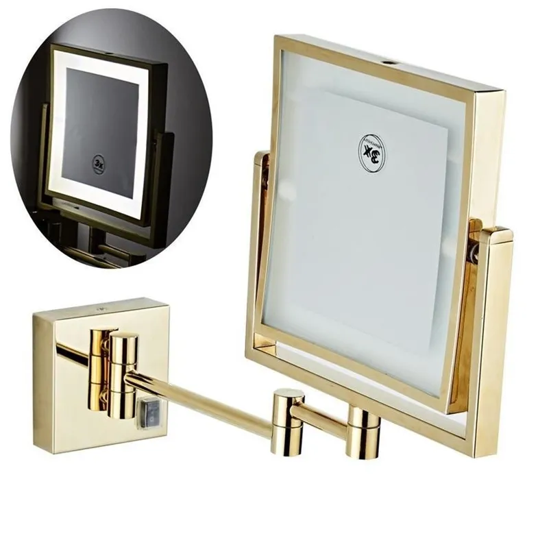 Dressing Mirror 8 inch two side 3X /1X Wall Mounted Gold Square LED Folding Brass Makeup Cosmetic Lady Gift 220509