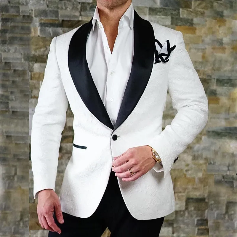 Slim Fit Embossed Mens Ivory Wedding Tuxedo With Shawl Lapel Blazers
