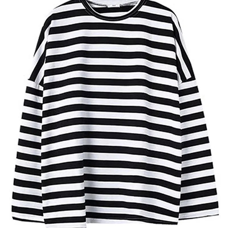 Oversized T Shirt Vår Höst Kvinnor Harajuku Striped T-shirt Koreansk Casual Full Sleeve O-Neck T-shirts Ulzzang Femme Black Top 220321