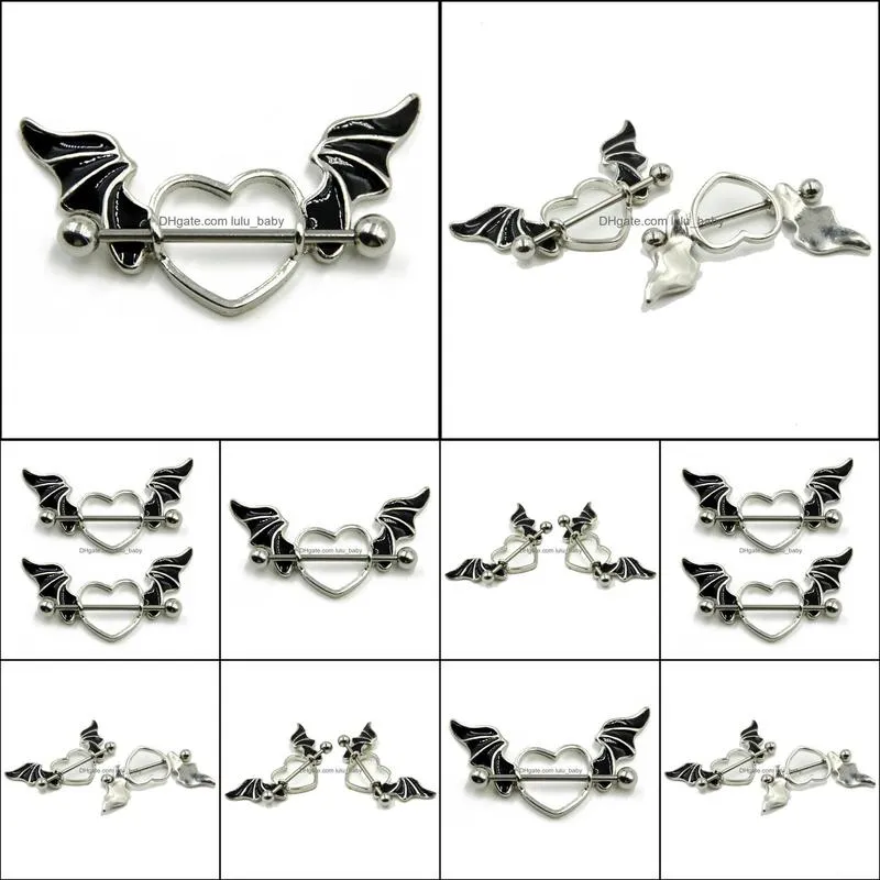 Heart-shaped Wings Nipple Ring Stainless Steel Black White Angel Wing Jewelry