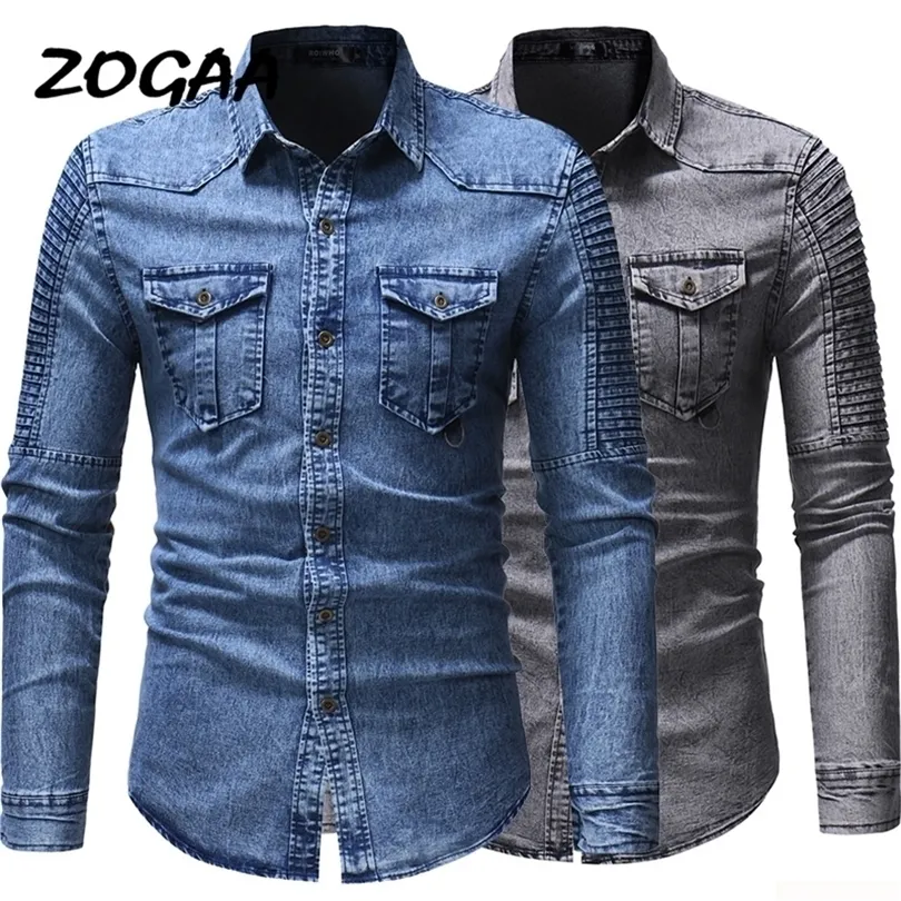 ZOGAA nouvelle chemise en jean pour hommes mode printemps mince chemise en jean à manches longues personnalité pli couture