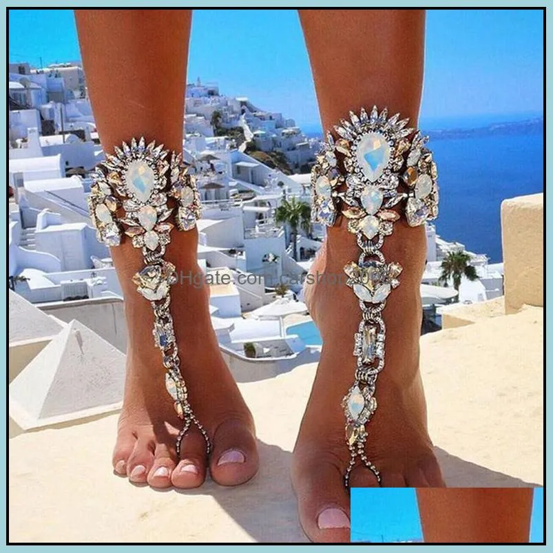 Hot Sale Summer Style Women Big Gemstone Ankle Bracelet Sandal Sexy Leg Chain Boho Crystal Beach Anklet Statement Jewelry DHL free