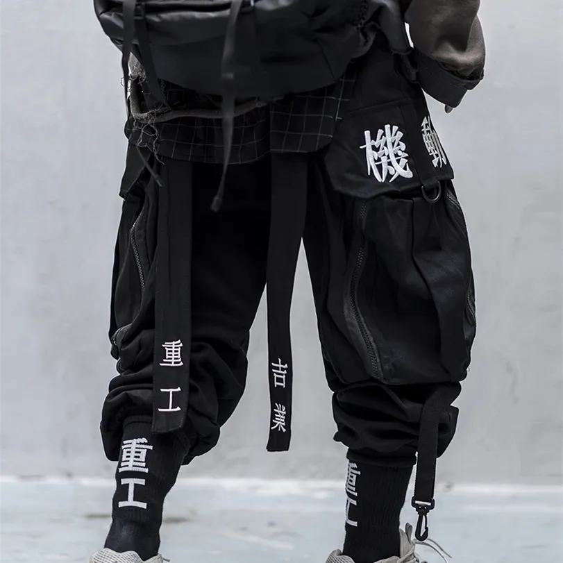 Pantaloni cargo giapponesi Streetwear Techwear per uomo Jogger nero gamba larga larghi 220330