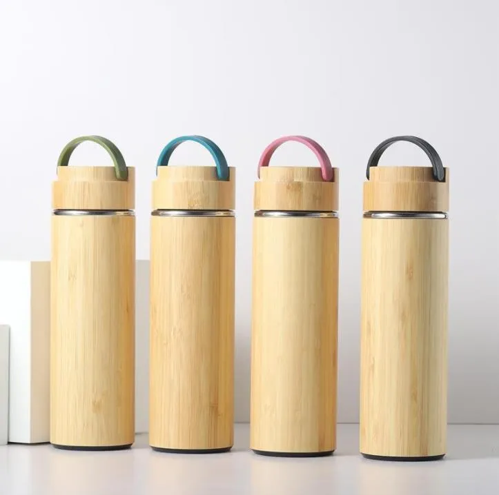 Bamboo Vacuum Insulated Water Bottles 450ml Stainless Steel Thermos with Tea Strainer for Office SN6322